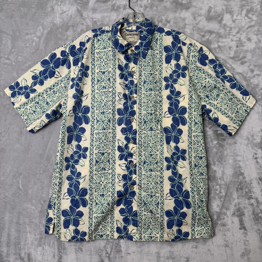 Cooke Street Honolulu Shirt Mens XL Blue Cream Floral Hawaiian Button Up Aloha